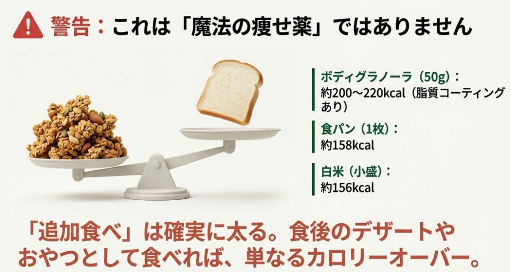 ボディグラノーラと食パン・白米のカロリー比較表。追加食べは単なるカロリーオーバーになることを警告するスライド。