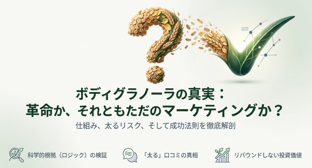 ボディグラノーラの仕組み、太るリスク、成功法則を徹底解剖するという記事の全体像を示したスライド。