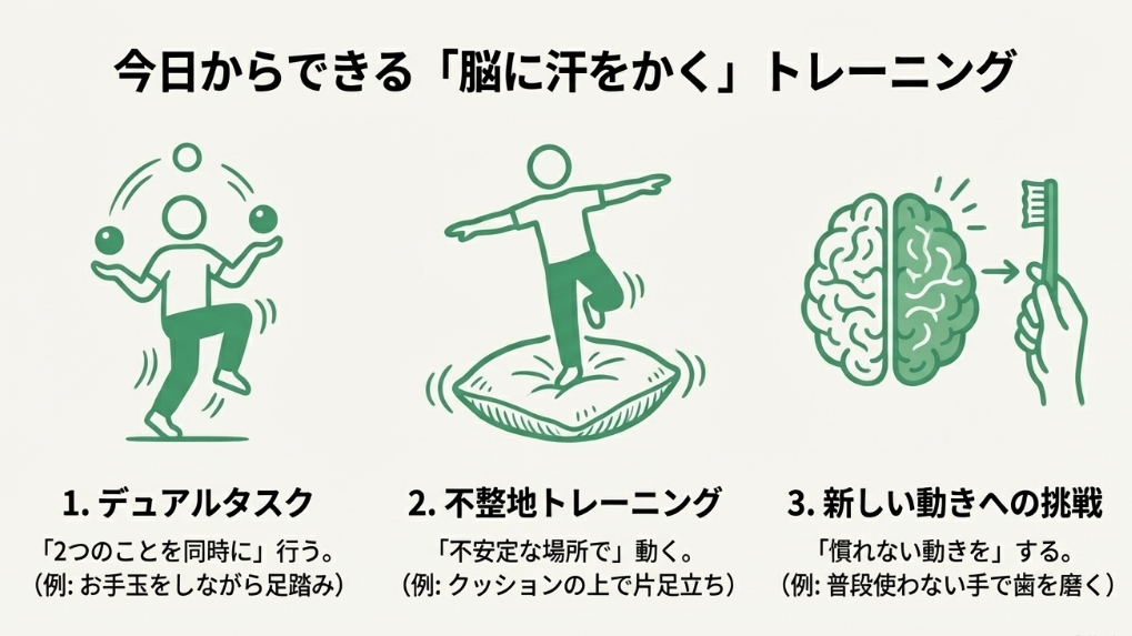 お手玉を使ったデュアルタスクやバランスディスク、歯磨きなど脳に汗をかくトレーニングのイラスト