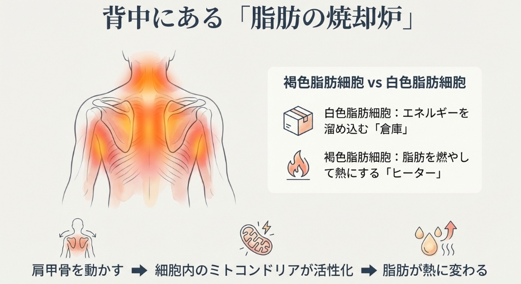 背中にある褐色脂肪細胞が脂肪を熱に変える「脂肪の焼却炉」としての働きを示す図解