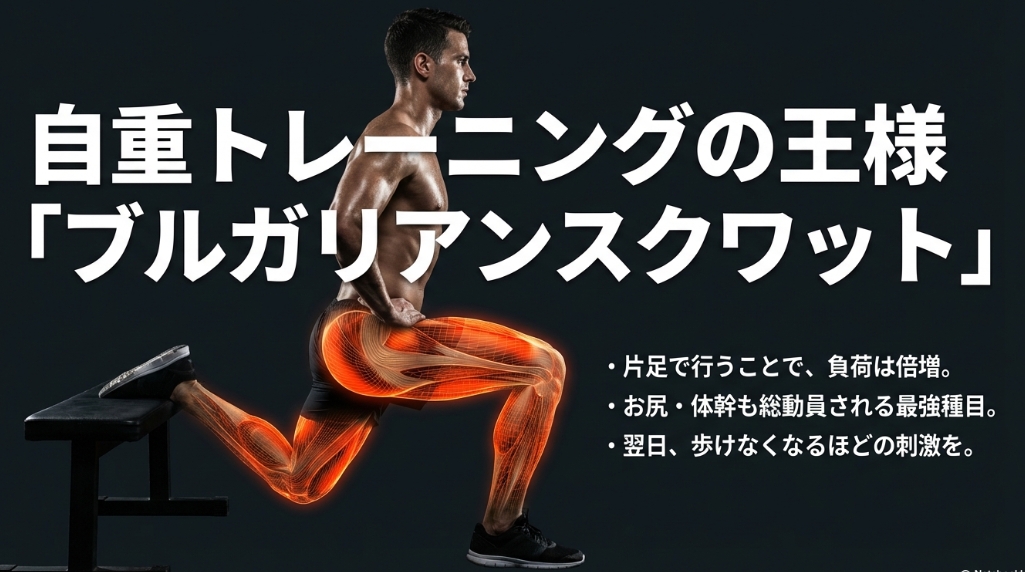 片足で行うことで負荷が倍増する最強の自重種目、ブルガリアンスクワットの紹介スライド