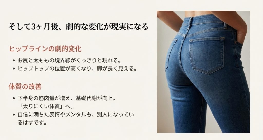 ブルガリアンスクワットを3ヶ月継続することでヒップラインが上がり脚が長く見えるビフォーアフターの効果