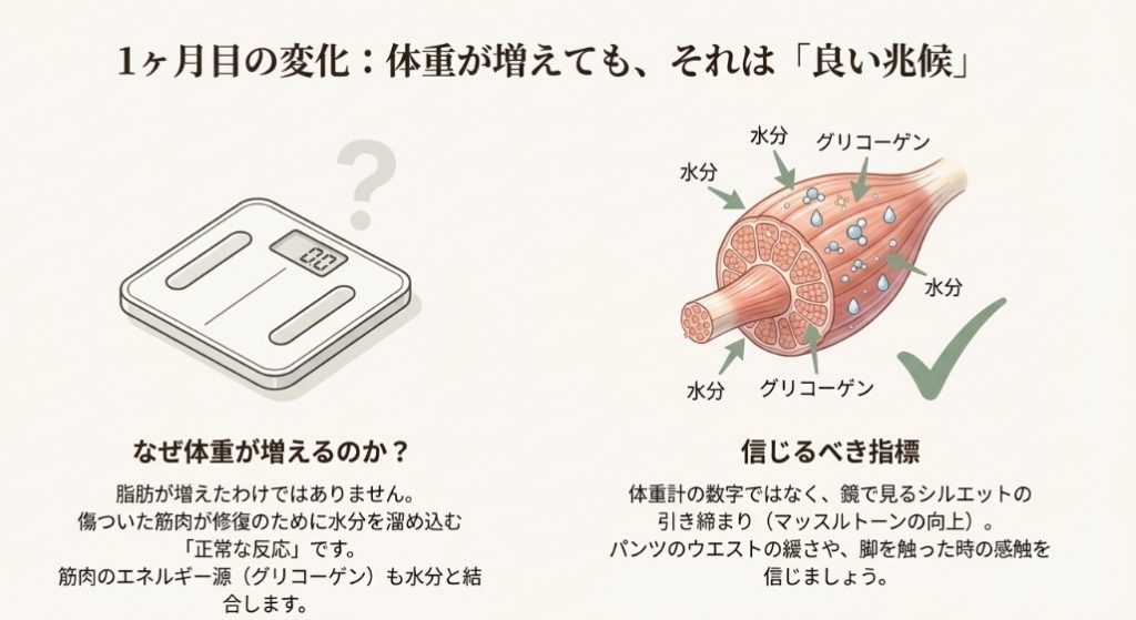 ブルガリアンスクワット初期に体重が増えるのは脂肪ではなく筋肉の修復による水分貯留が原因である図解