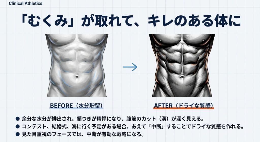クレアチン摂取中止によるむくみ解消と腹筋のカットの変化（ビフォーアフター）
