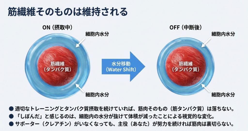 クレアチンをやめても筋繊維（タンパク質）は維持されることを示す図解