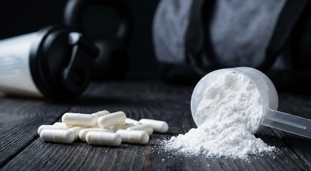 ジムの環境で木製のテーブルに置かれたクレアチンパウダー（スクープ入り）と白いカプセルのサプリメント