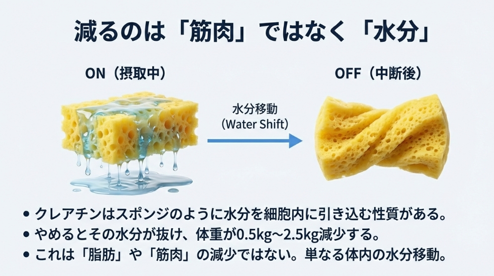 クレアチン摂取中止による細胞内水分の排出と体重減少のメカニズム