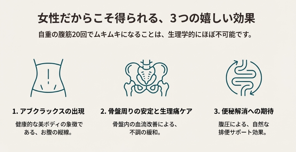女性が腹筋運動をすることで得られる3つの効果。アブクラックス（縦線）の出現、骨盤周りの安定による生理痛ケア、腹圧による便秘解消への期待。