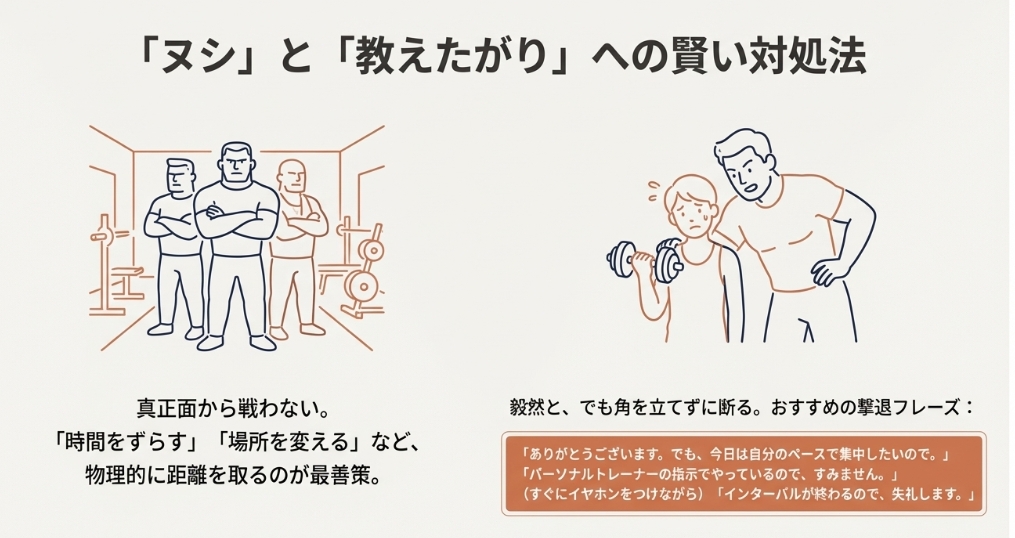 ジムのヌシや教えたがりおじさんのイラストと具体的な撃退フレーズの解説