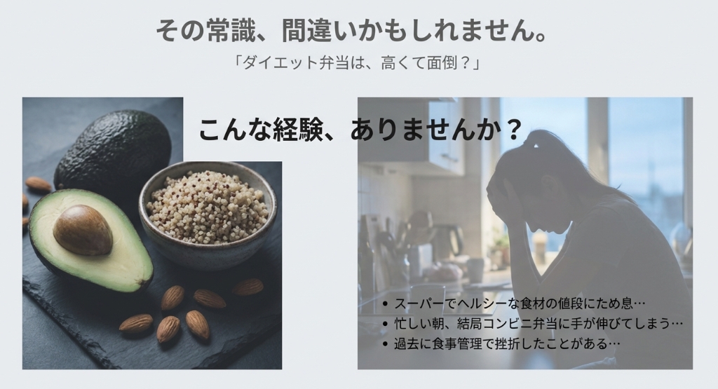ダイエット弁当は高くて面倒という誤解 / アボカドやキヌアなどの高価な食材と「その常識、間違いかもしれません」というキャッチコピー