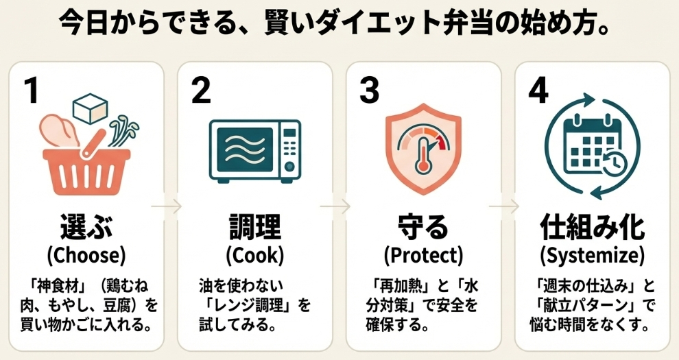 今日からできる賢いダイエット弁当の始め方4ステップ / 選ぶ、調理、守る、仕組み化のフロー図