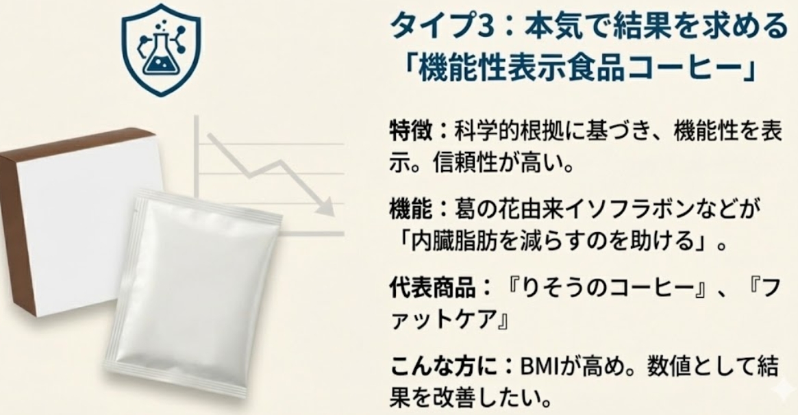 タイプ3「機能性表示食品コーヒー」の解説図。科学的根拠に基づき内臓脂肪を減らすのを助ける（葛の花由来イソフラボンなど）機能があり、信頼性が高い。BMIが高めで数値を改善したい人におすすめ。代表商品は『りそうのコーヒー』『ファットケア』。