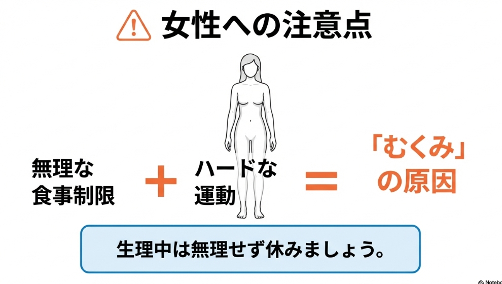 無理な食事制限とハードな運動の組み合わせがコルチゾールを増やし、女性のむくみの原因になることを示す図