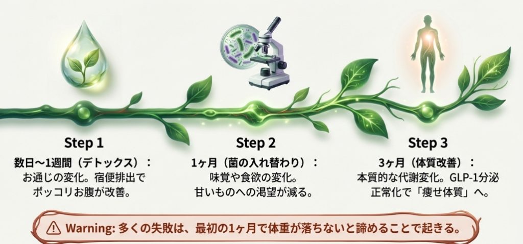 お通じ改善（数日）、味覚変化（1ヶ月）、体質改善（3ヶ月）という効果が現れるまでのタイムライン。