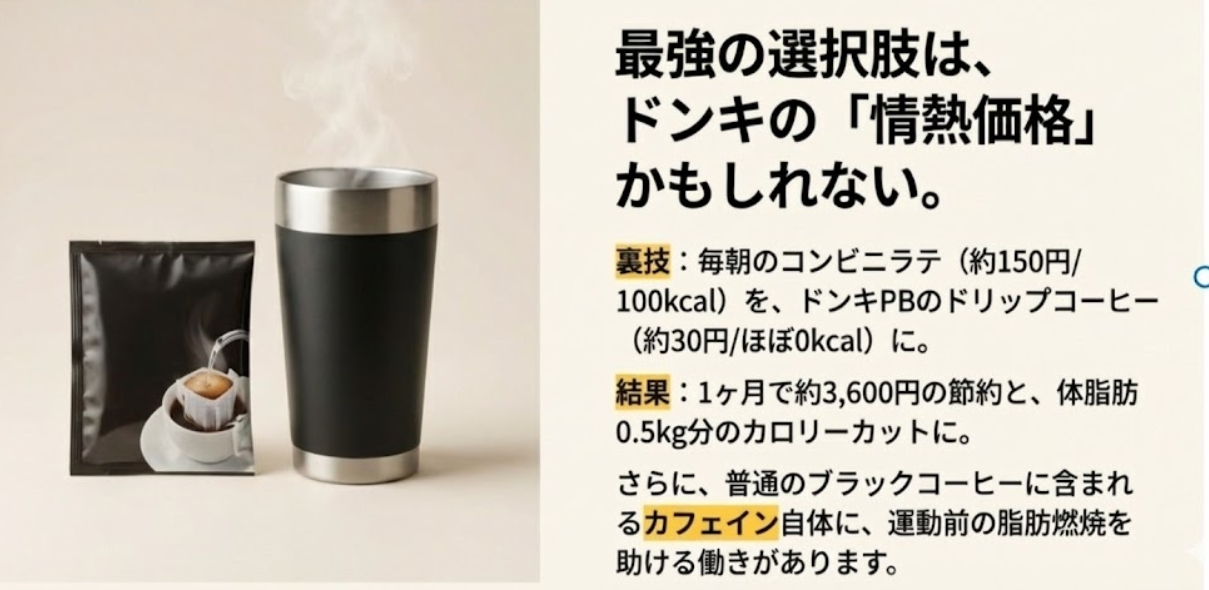 ドン・キホーテのPB「情熱価格」ドリップコーヒーと黒いタンブラーの画像。キャッチコピーは「最強の選択肢は、ドンキの『情熱価格』かもしれない」。毎朝のコンビニラテ（約150円/100kcal）をドンキのドリップコーヒー（約30円/ほぼ0kcal）に置き換える裏技を紹介。結果として1ヶ月で約3,600円の節約と体脂肪0.5kg分のカロリーカット効果、さらに運動前のカフェインによる脂肪燃焼効果があることを解説している。