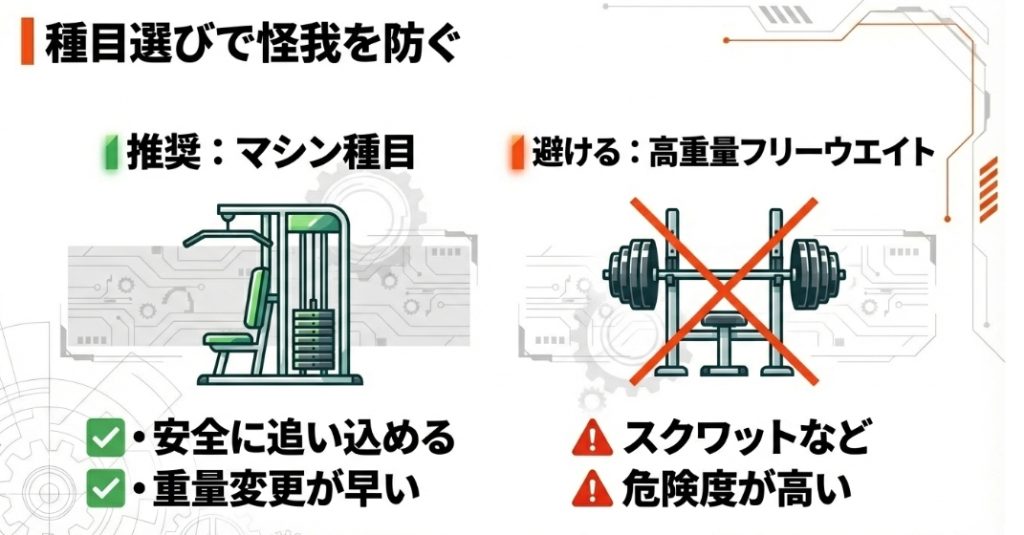 怪我を防ぐ種目選び。高重量のフリーウエイトは避け、マシン種目を推奨する図。