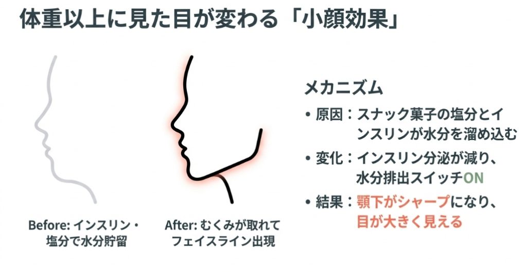 間食をやめるとむくみが取れてフェイスラインが出る小顔効果のビフォーアフター