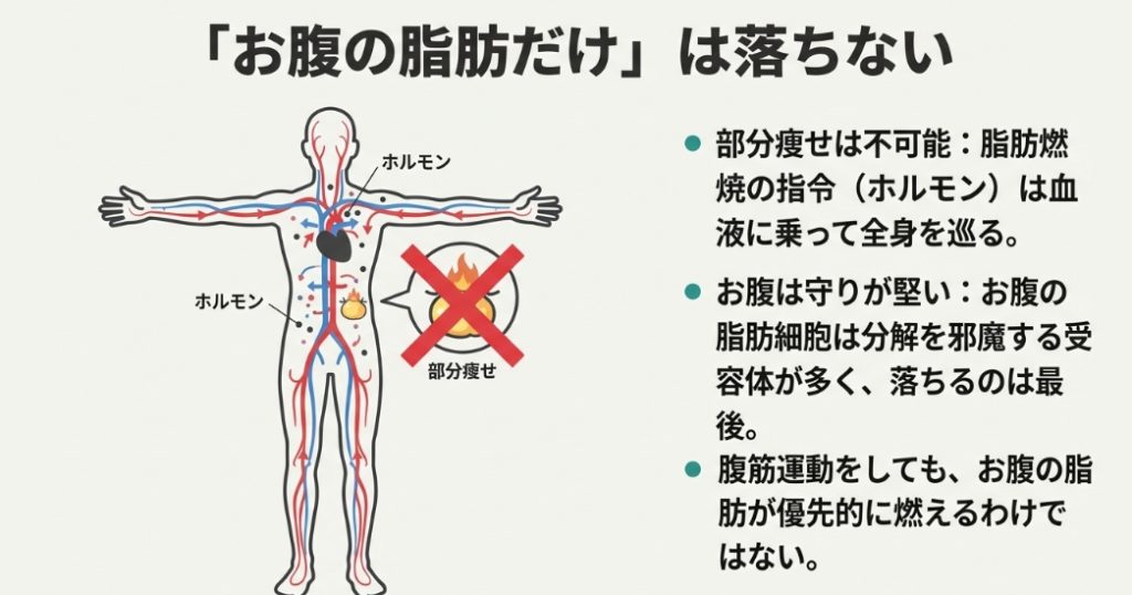 脂肪分解ホルモンが血液に乗って全身を巡るため、腹筋運動でお腹の脂肪だけが優先的に燃えることはないという生理学的な解説図