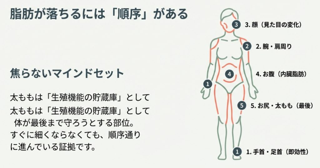 脂肪が落ちる順序は手首足首から始まり太ももは最後になる図解