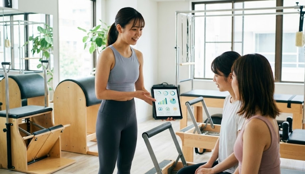 自然光が差し込む明るいピラティススタジオで、笑顔の日本人女性インストラクターが、リフォーマーに座った2人の女性生徒にタブレットを見せている写真。タブレットの画面にはカラフルなグラフやチャートが表示されており、インストラクターは画面を指差して、料金プランや進捗状況などを説明している様子。生徒たちは興味深そうに話を聞いている。スタジオには複数の木製ピラティスマシンや観葉植物が配置されている。