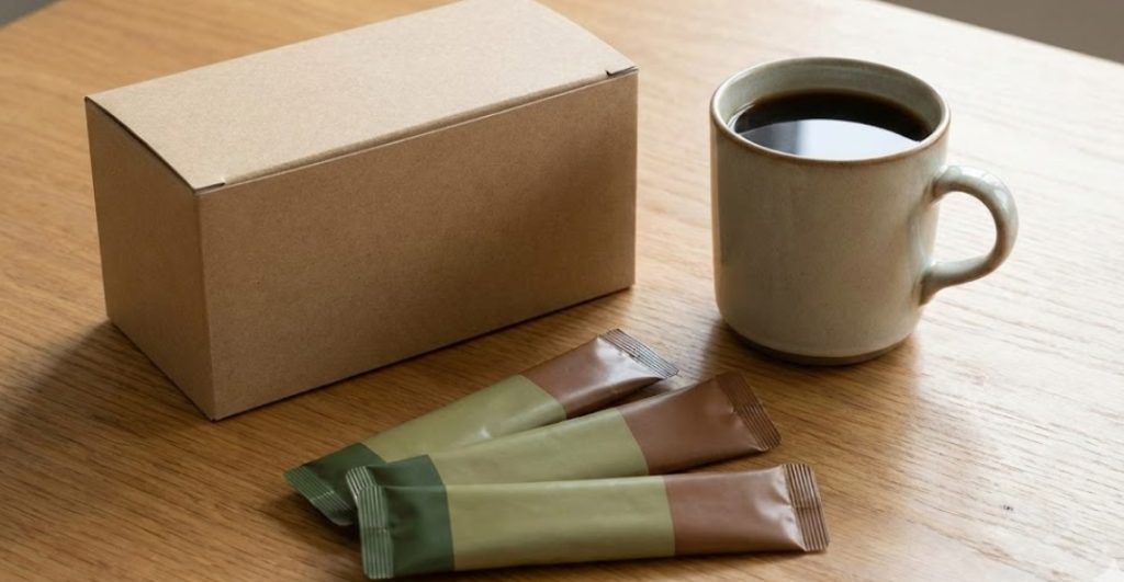 ファイン メタ・コーヒー風の茶色い外箱と緑と茶色のスティック包装、コーヒーが入ったマグカップ。