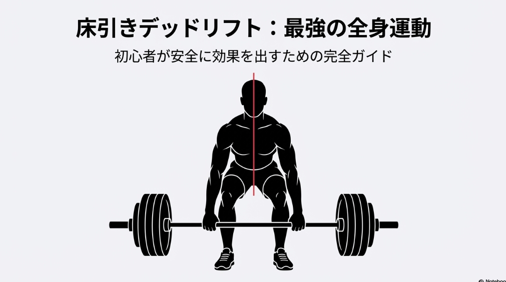 バーベルを前に直立する男性のシルエット。床引きデッドリフトのスタートポジションのイメージ図。