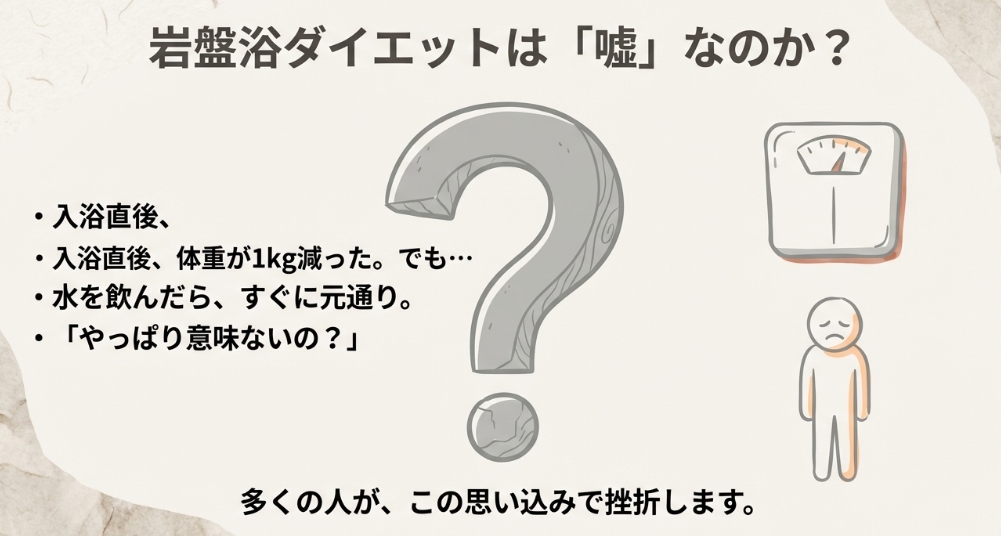 岩盤浴ダイエットで体重が減るのは嘘なのか、水を飲んだら元通りになる理由についての解説図