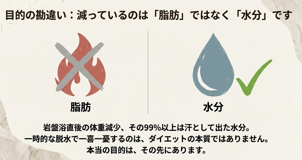 岩盤浴直後の体重減少は脂肪ではなく水分による一時的な脱水であることを示すイラスト