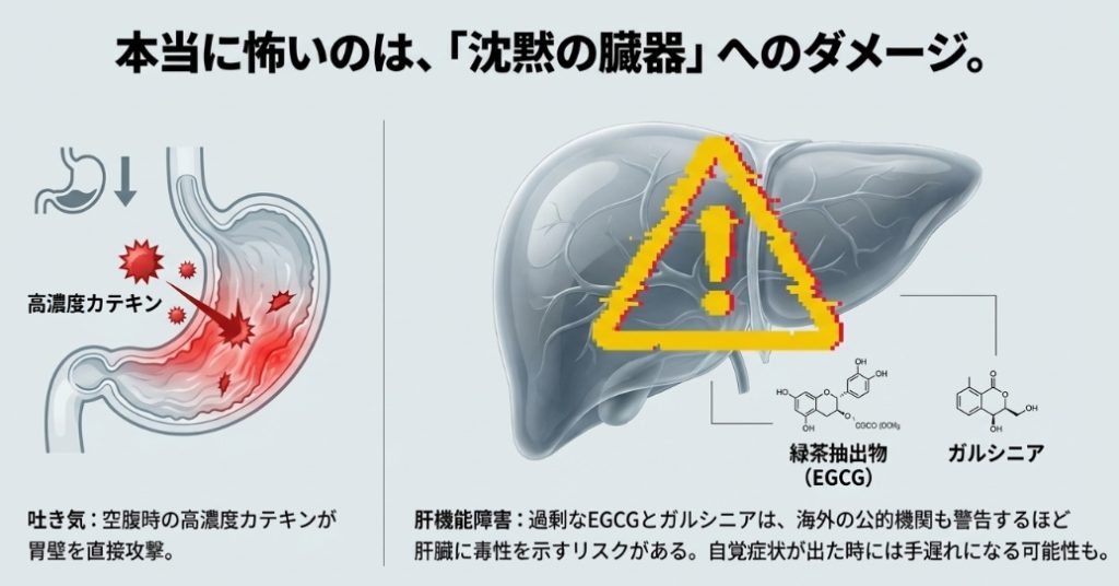 高濃度カテキンとガルシニアによる胃痛と肝臓への負担イメージ