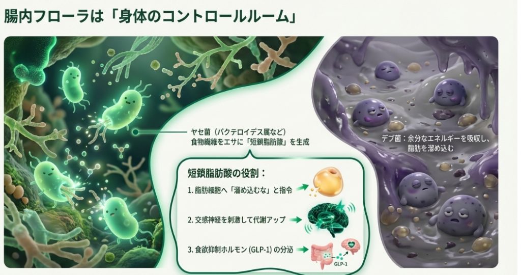 ヤセ菌（バクテロイデス属）が食物繊維をエサにして、脂肪蓄積を抑える短鎖脂肪酸やGLP-1を生成する仕組みの図解。
