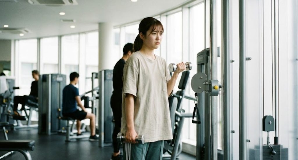 明るいジムの中で、両手にダンベルを持ったトレーニングウェア姿の日本人女性が、マシンの前で少し困ったような、不安げな表情で立っている様子。