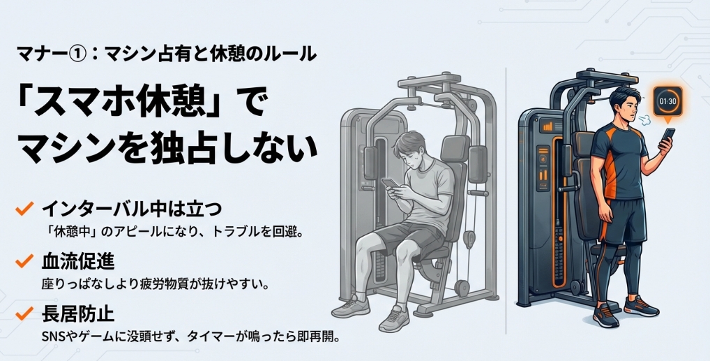 ジムのマシン占有を防ぐマナー。インターバル中は立ち上がって休憩することで、休憩中のアピールと血流促進効果を狙う方法 。