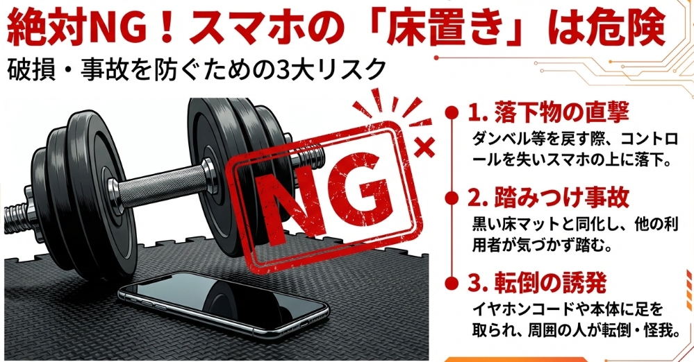 ジムでのスマホ床置きが引き起こす3つの事故リスク。ダンベルの落下直撃、他者による踏みつけ、転倒誘発についての警告 。