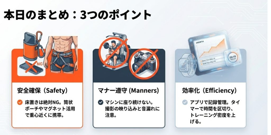 ジムでのスマホ管理の結論まとめ。安全確保（床置きNG）、マナー遵守（占有防止）、効率化（アプリ活用）の3つの重要ポイント 。