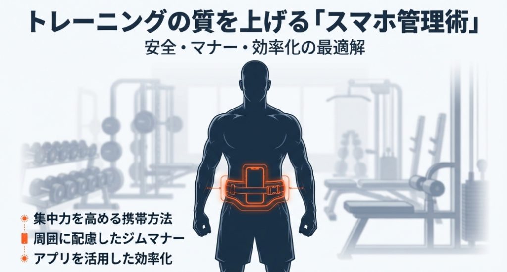 トレーニングの質を上げるジムでのスマホ管理術。安全確保、マナー、効率化の3つの視点から最適解を解説するタイトルスライド。