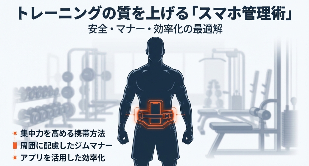 トレーニングの質を上げるジムでのスマホ管理術。安全確保、マナー、効率化の3つの視点から最適解を解説するタイトルスライド。