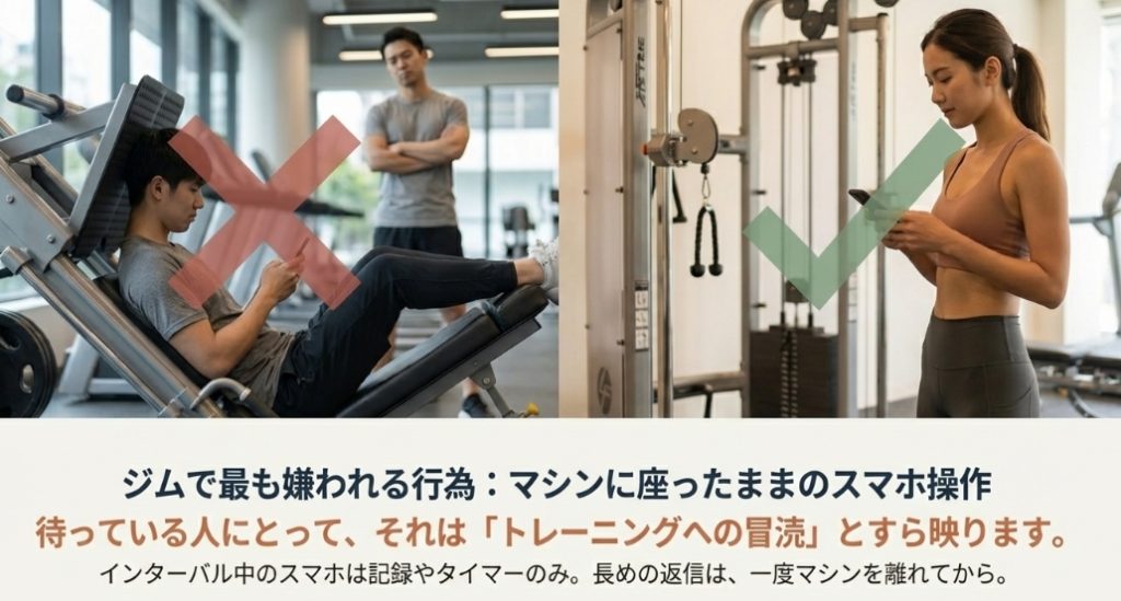 ジムのマシンに座ったままスマホを操作するNG例と立って操作するOK例の比較画像