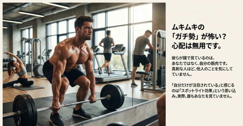 ジムのガチ勢は鏡で自分自身の筋肉しか見ていないことを説明するスポットライト効果の図解