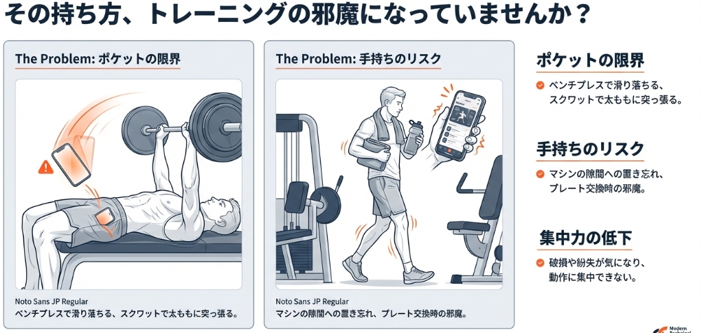 ジムでスマホをポケットに入れるとベンチプレスで滑り落ちたり、スクワットで邪魔になる問題点。手持ちによる置き忘れリスクの図解 。