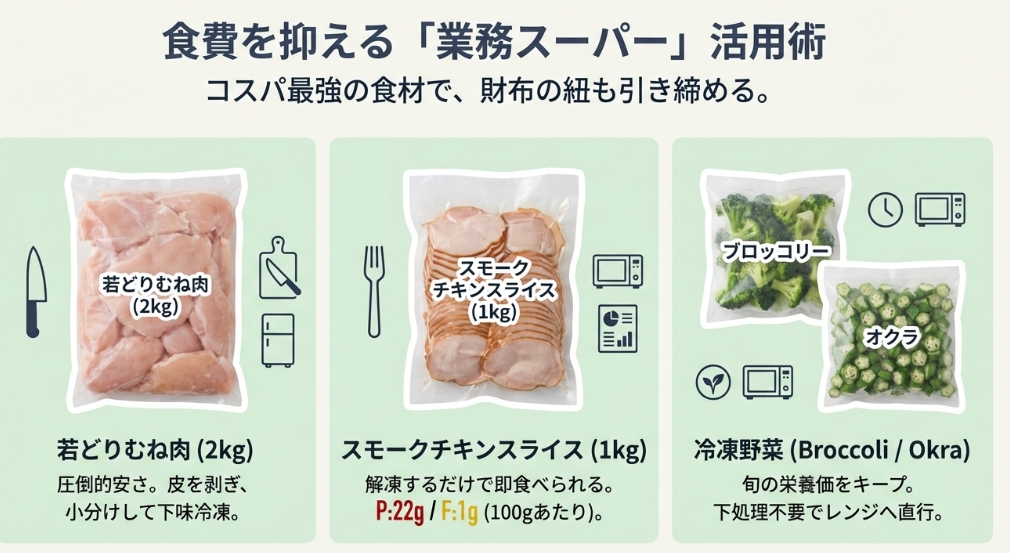 業務スーパーで購入できる大容量の鶏むね肉やスモークチキン、冷凍野菜などの節約ダイエット食材