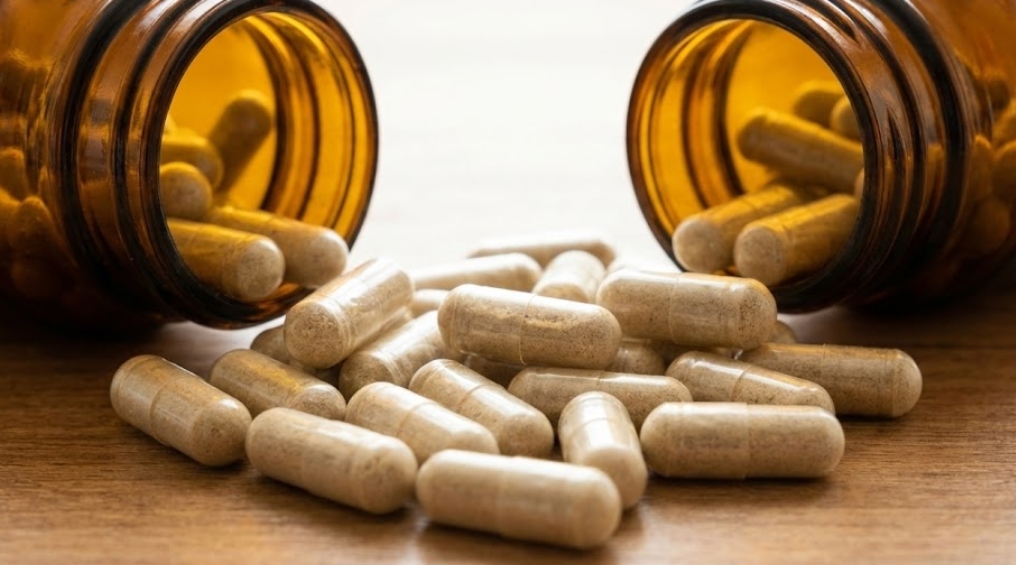 木のテーブルの上に、2つの茶色のガラス瓶が横倒しになっており、その口からベージュ色の粉末が詰まった透明なカプセルが多数こぼれ出ている様子。カプセルは瓶の間に散乱している。