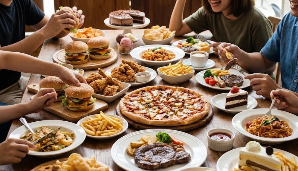 ピザ、ハンバーガー、パスタなど高カロリーな料理が並ぶテーブルを囲み、笑顔で食事を楽しんでいる人々の様子。