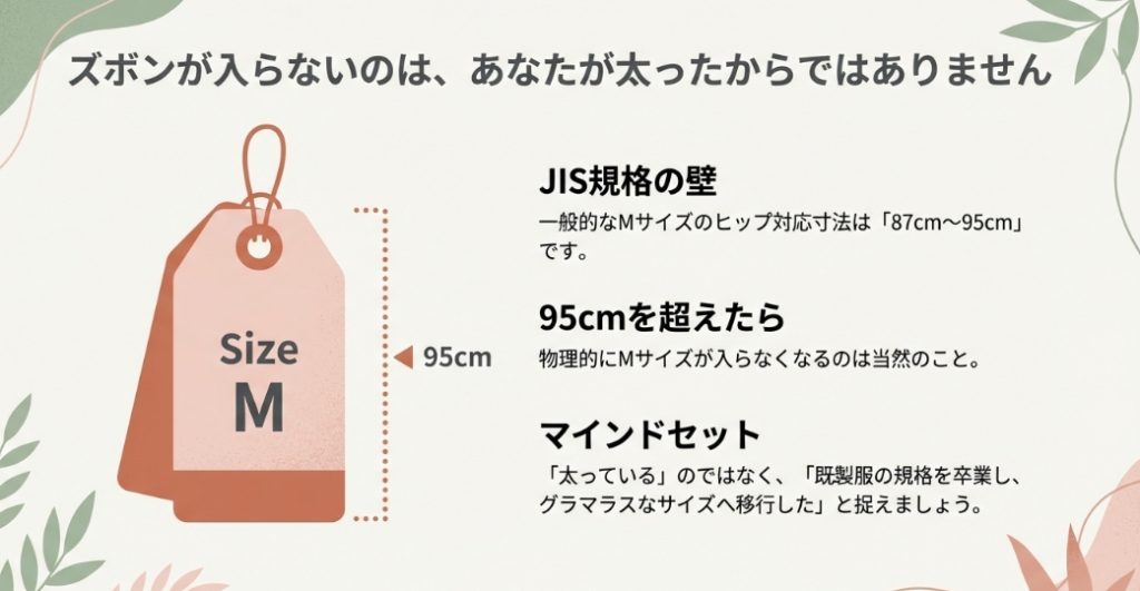 JIS規格Mサイズの対応寸法87cm-95cmとズボンが入らなくなる理由の図解