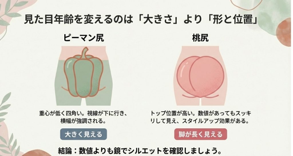 重心が低く四角いピーマン尻と位置が高い桃尻のシルエット比較イラスト
