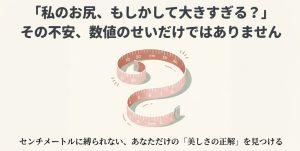 メジャーでヒップサイズを測るイラストと「私のお尻、もしかして大きすぎる？」という問いかけ