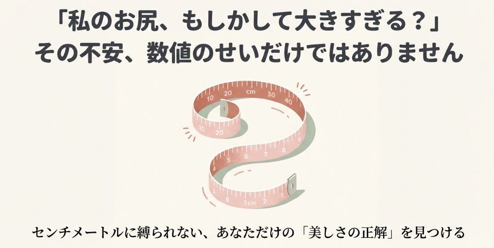メジャーでヒップサイズを測るイラストと「私のお尻、もしかして大きすぎる？」という問いかけ