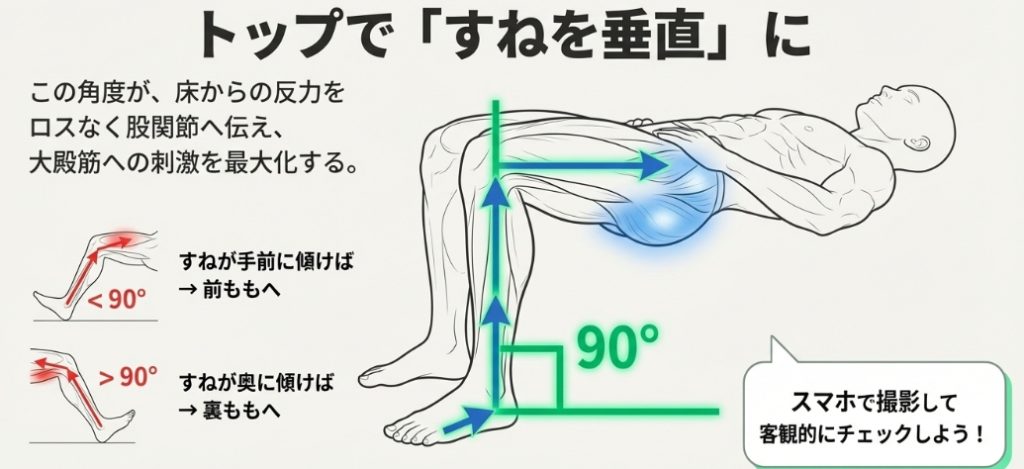 ヒップスラストのトップポジションで脛を垂直にする黄金の角度