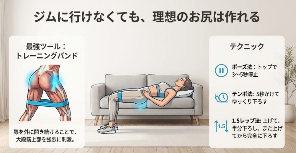 自宅のソファとトレーニングバンドを使ったヒップスラストのやり方