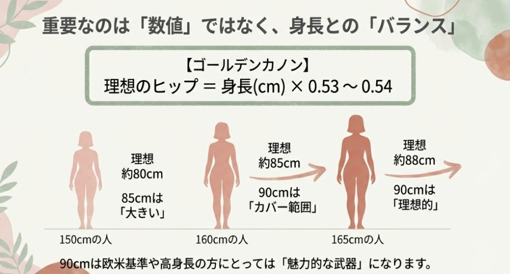 身長別の理想ヒップサイズ計算式と150cm・160cm・165cmの見た目の比較図
