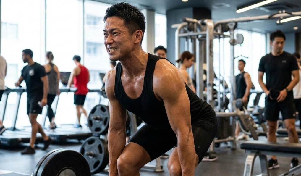 ジムで汗を流しながら真剣な表情でバーベルデッドリフトに取り組む筋肉質の日本人男性。筋トレによる追い込みを表現。